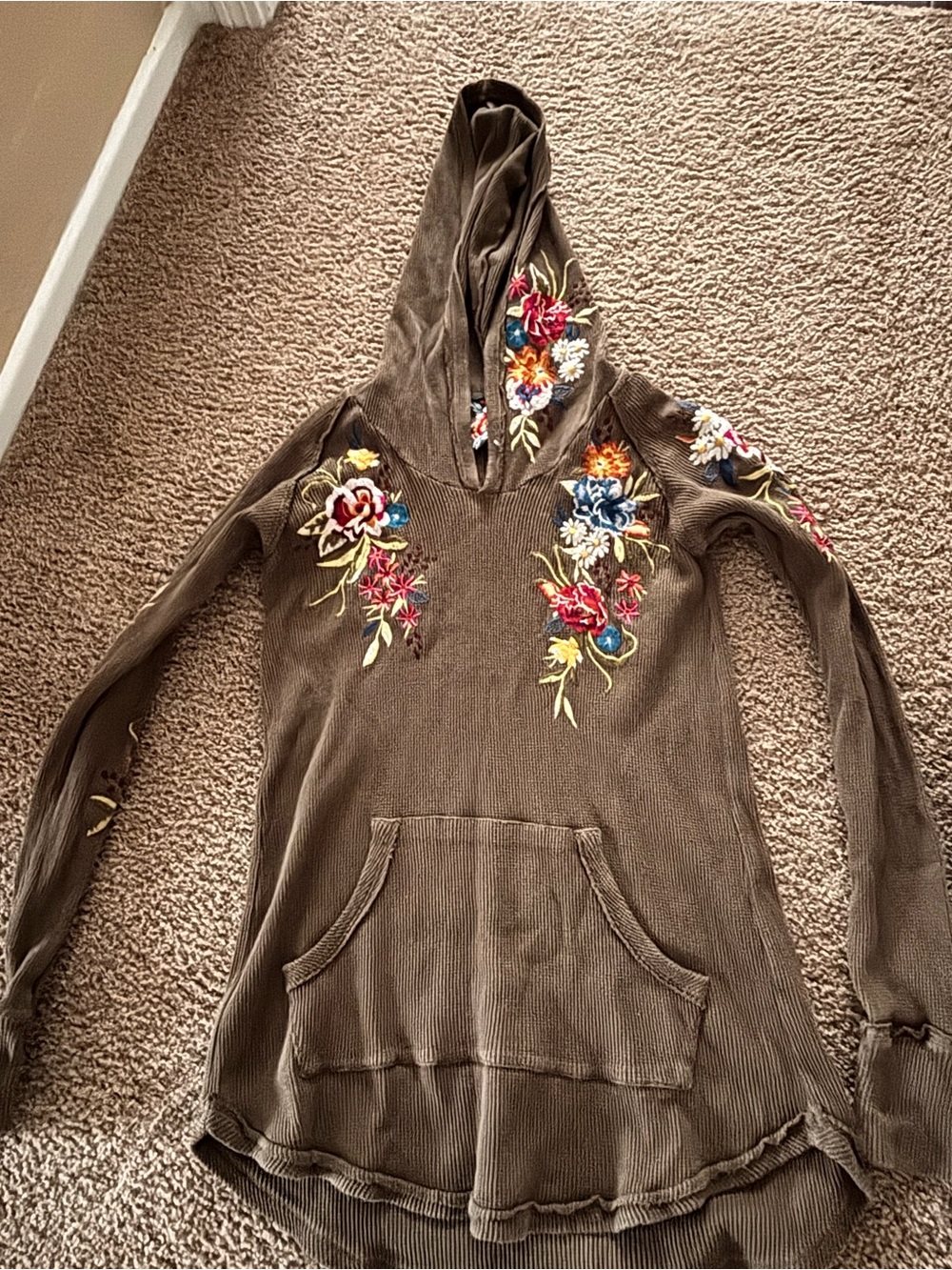 Johnny Was xs  Embroidered Hooded Knit thermal - Olive Green brown